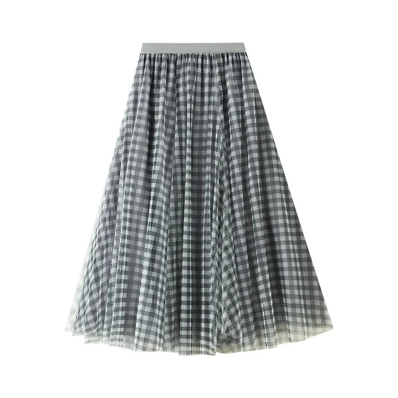 Retro Check Mesh Skirt Swing High Waist Mid Length Skirt  768