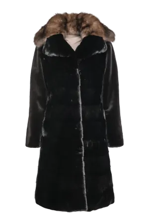 Reversible Black Horizontal Long Haired & Sheared Trench Mink Fur Coat - Sable Collar