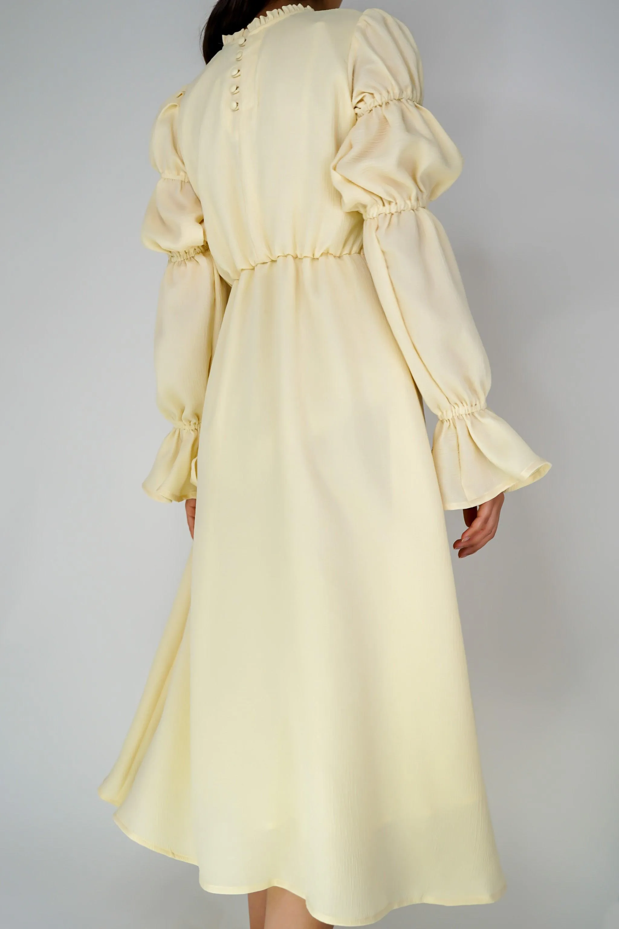 Samara Pale Yellow Puff Sleeves Midi Dress