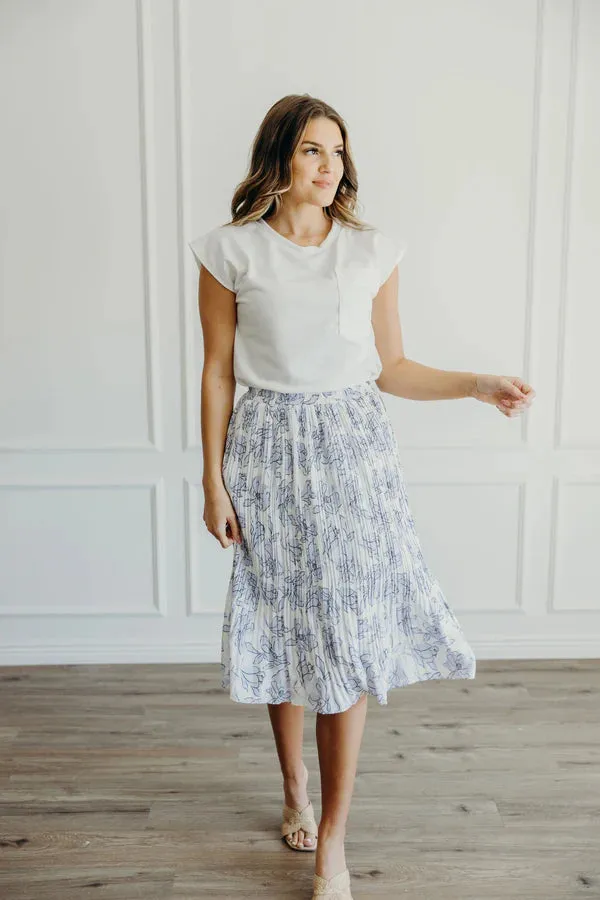 The Livy Pleated Midi Skirt in Periwinkle Stencil