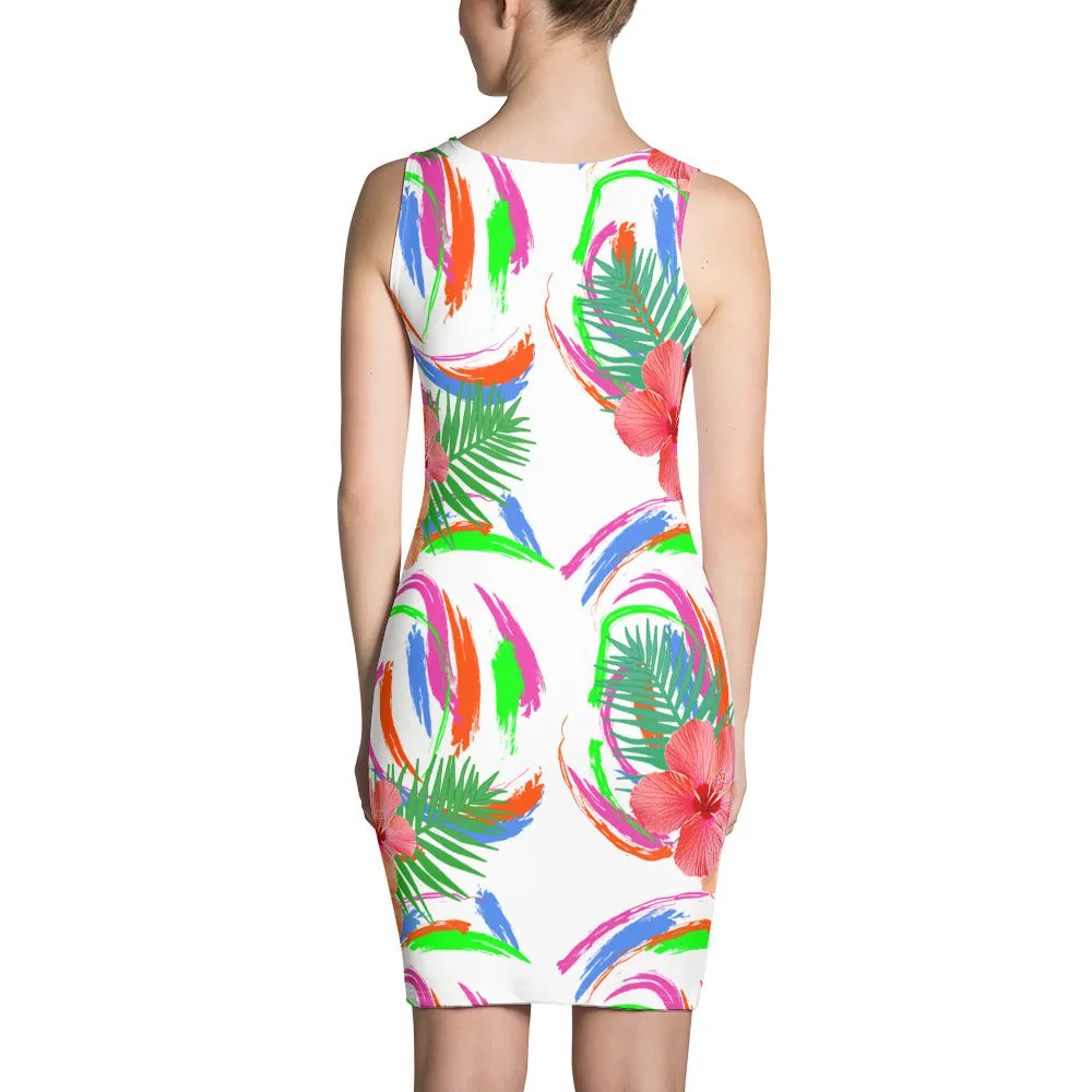 Tropical Hibiscus Floral White Bodycon Dress