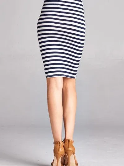 Two Way Street Navy and White Stretch Pencil Skirt