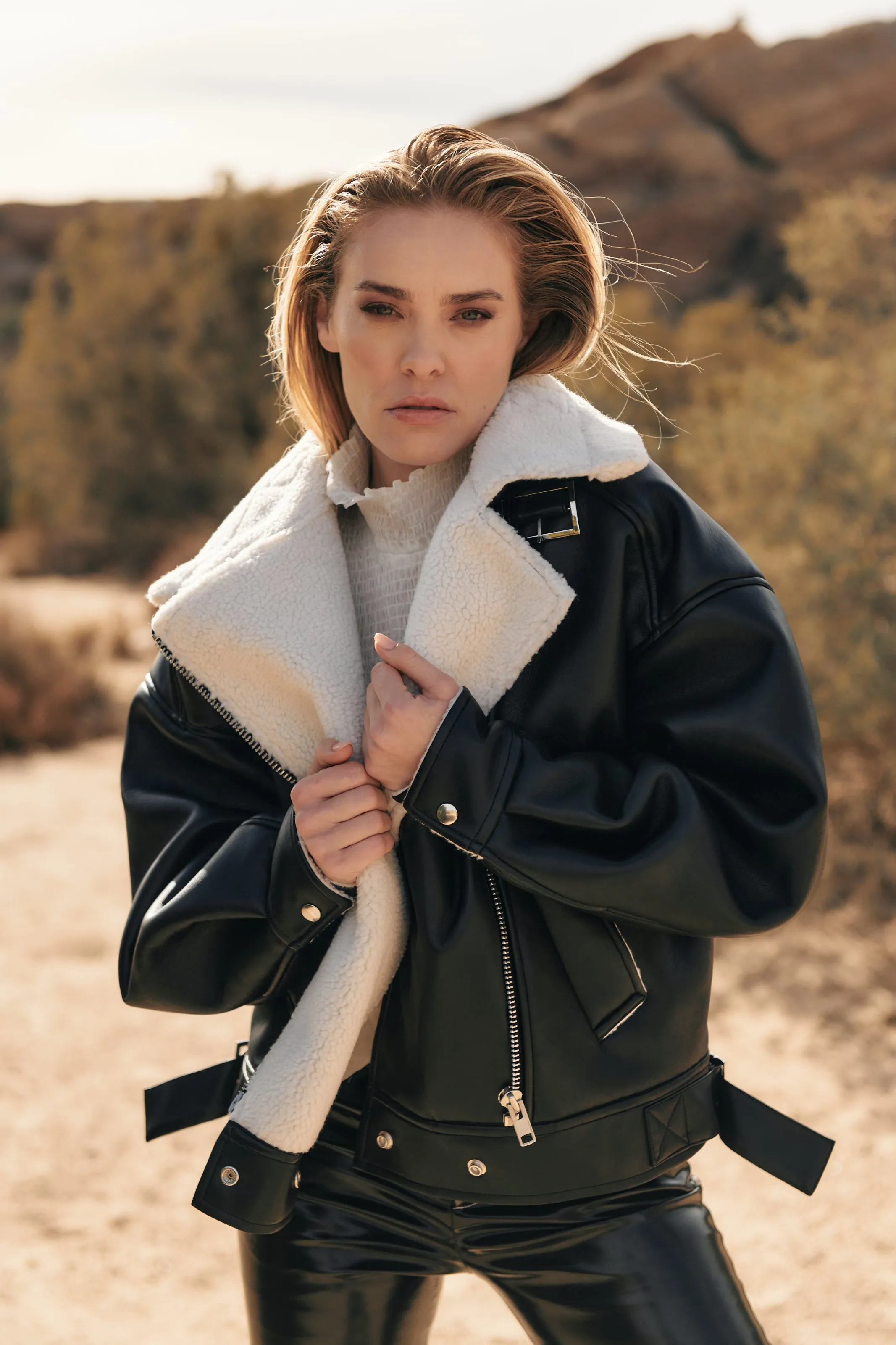 Vegan leather shearling jacket