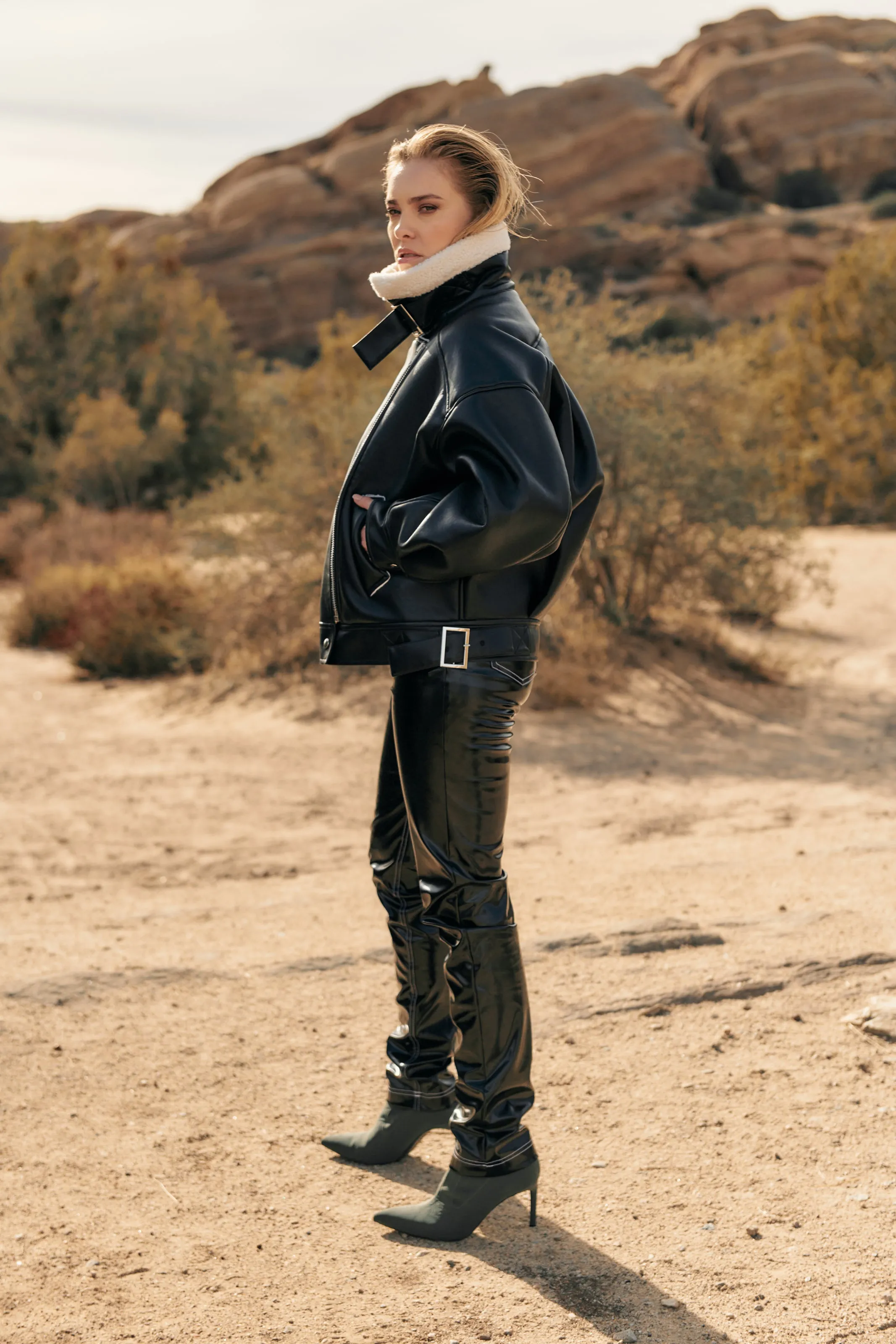 Vegan leather shearling jacket