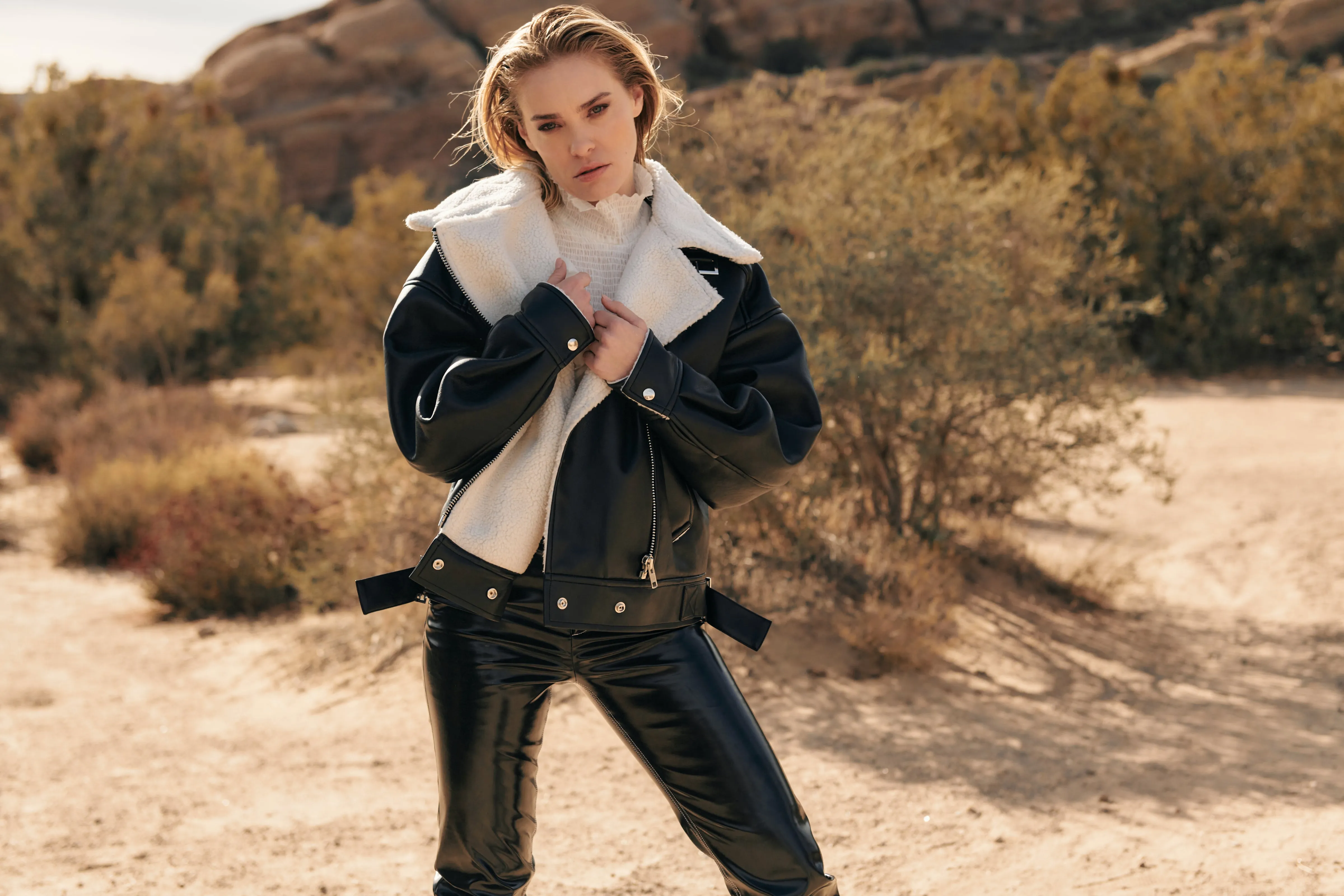 Vegan leather shearling jacket