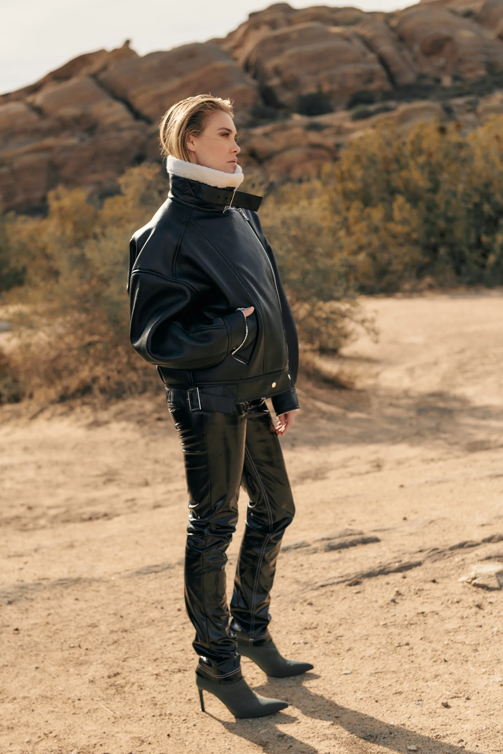 Vegan leather shearling jacket