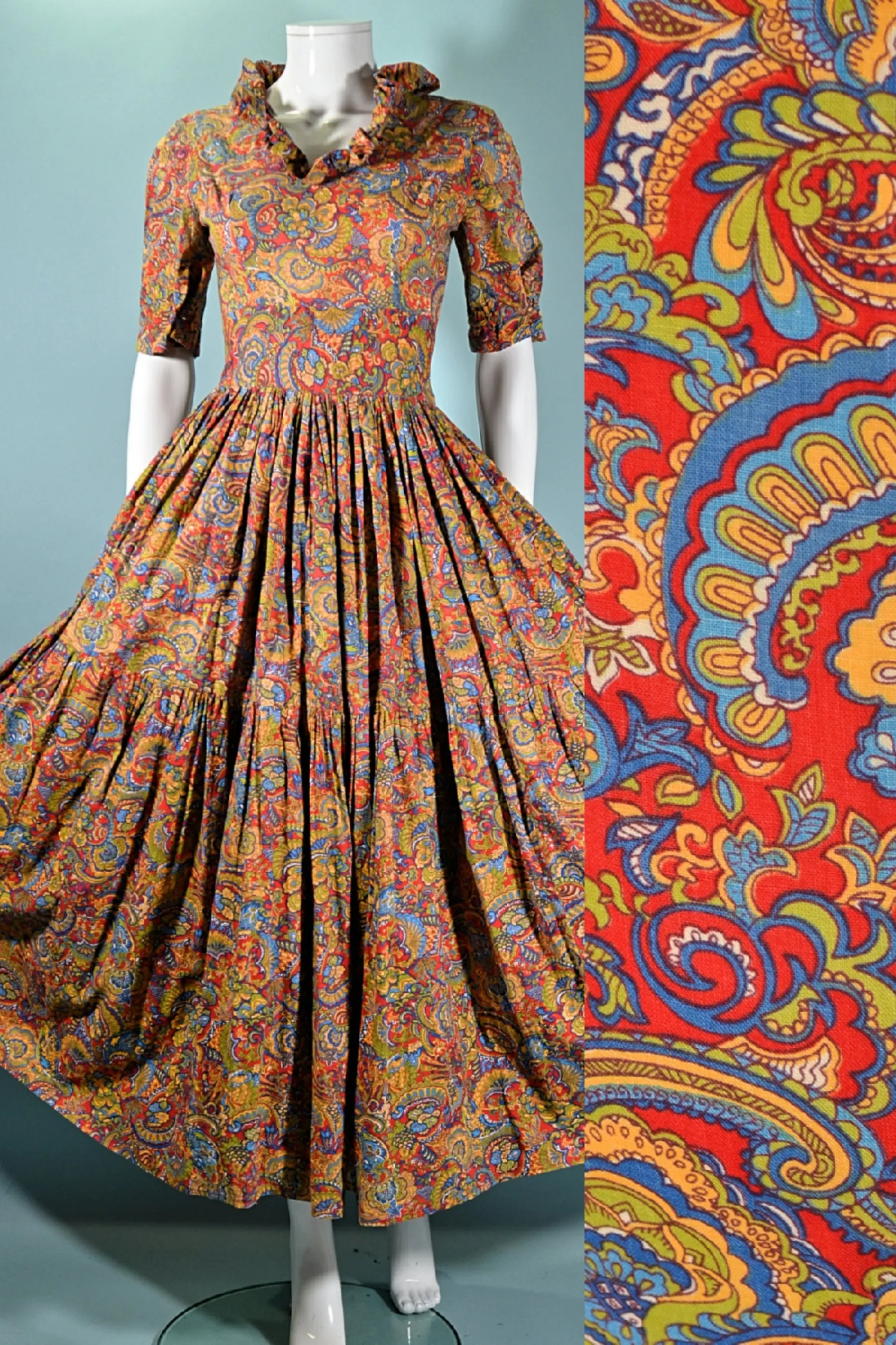 Vintage 40s/50s Red Paisley Dress, Very Full Skirt XS/S
