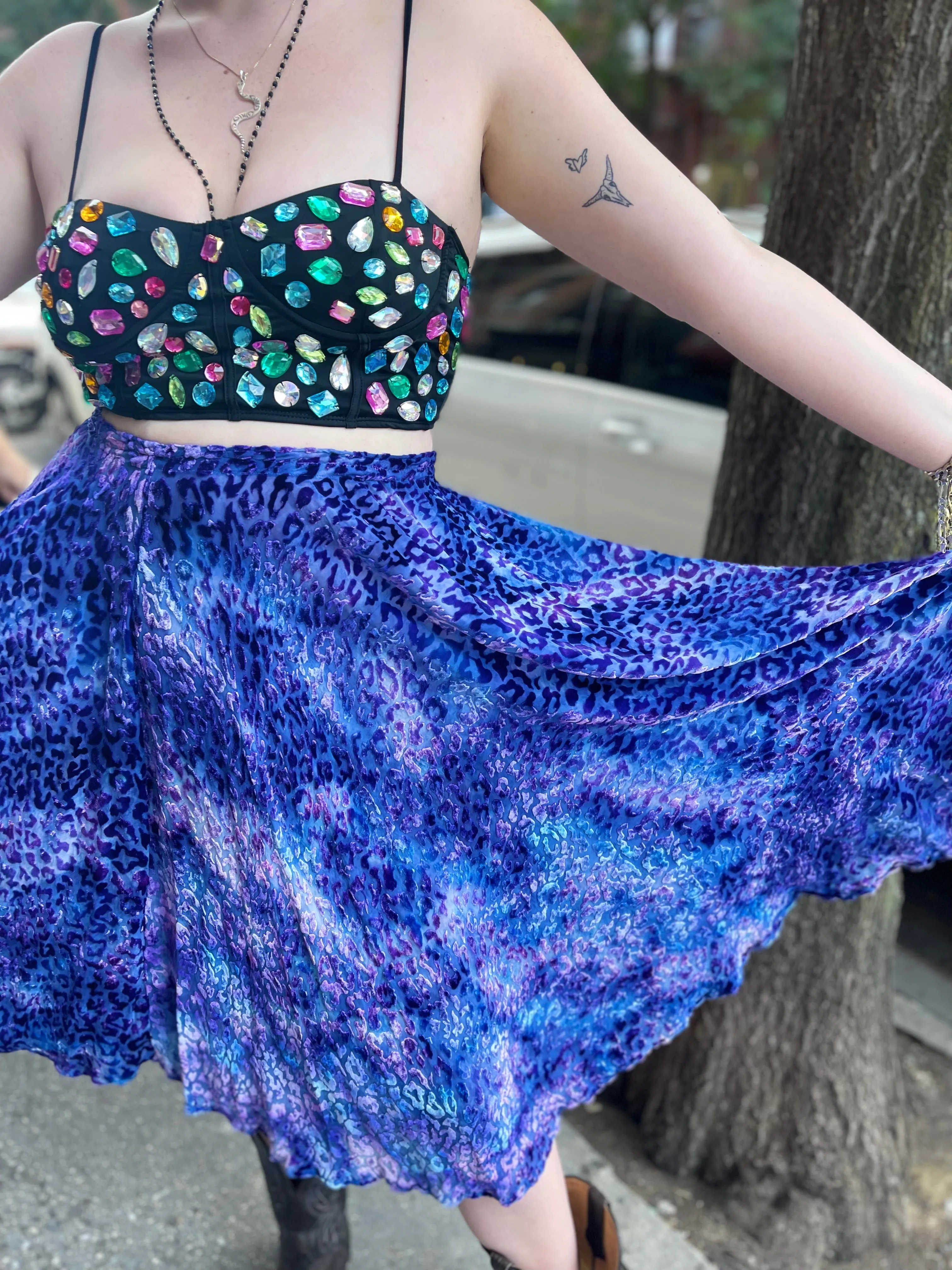 Vintage 90s Icy Blue Leopard Burnout Plus Size Skirt