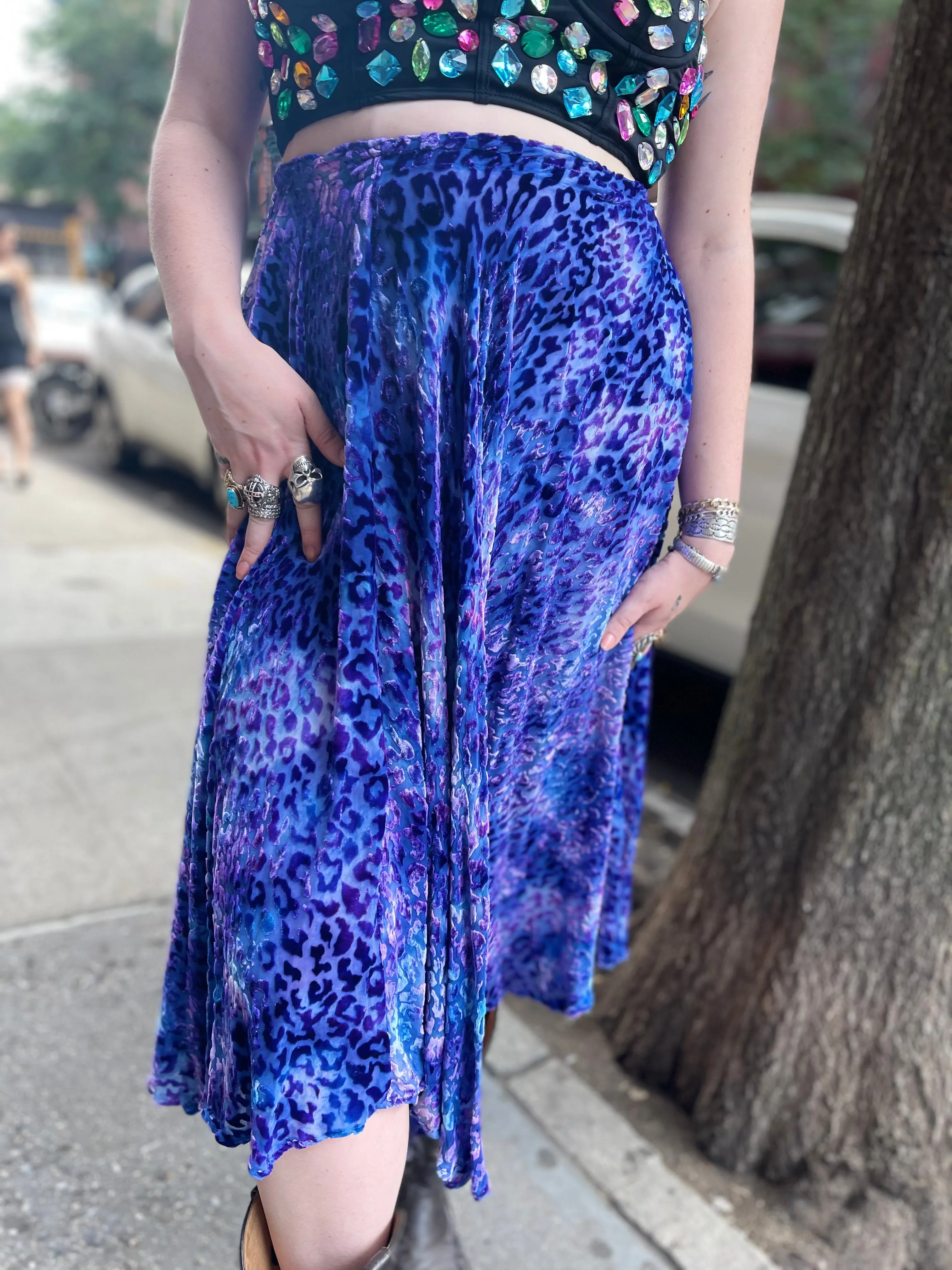 Vintage 90s Icy Blue Leopard Burnout Plus Size Skirt
