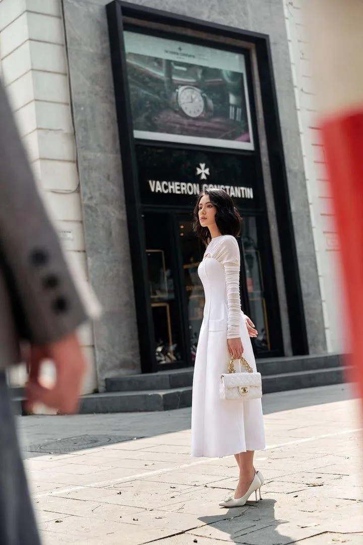 White gathered long sleeves dress-ANN