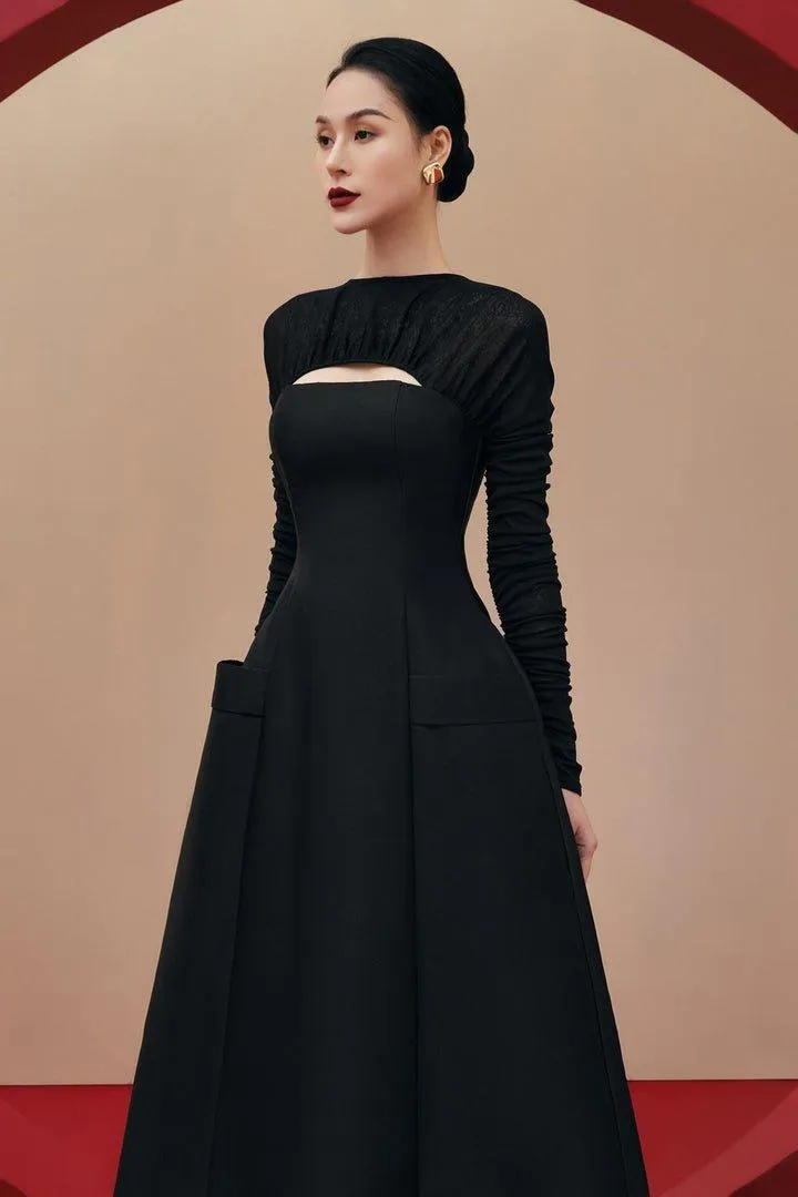White gathered long sleeves dress-ANN