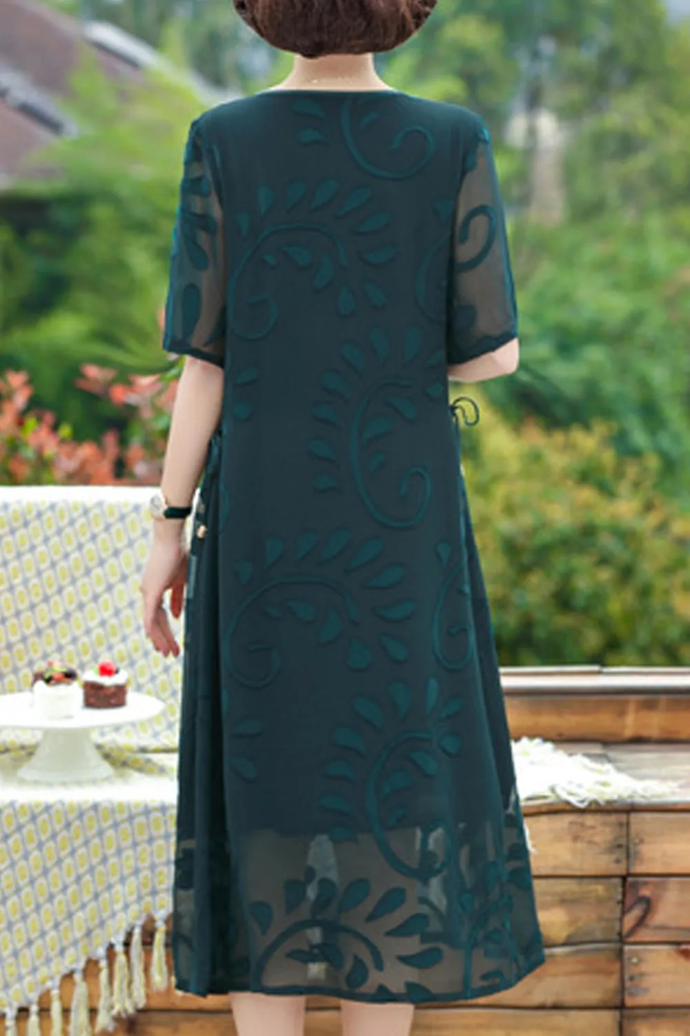 Women Round Neck Convenient Thin Short Sleeve Wonderful Mid Length Lace Embroidery Dress - WDC14352