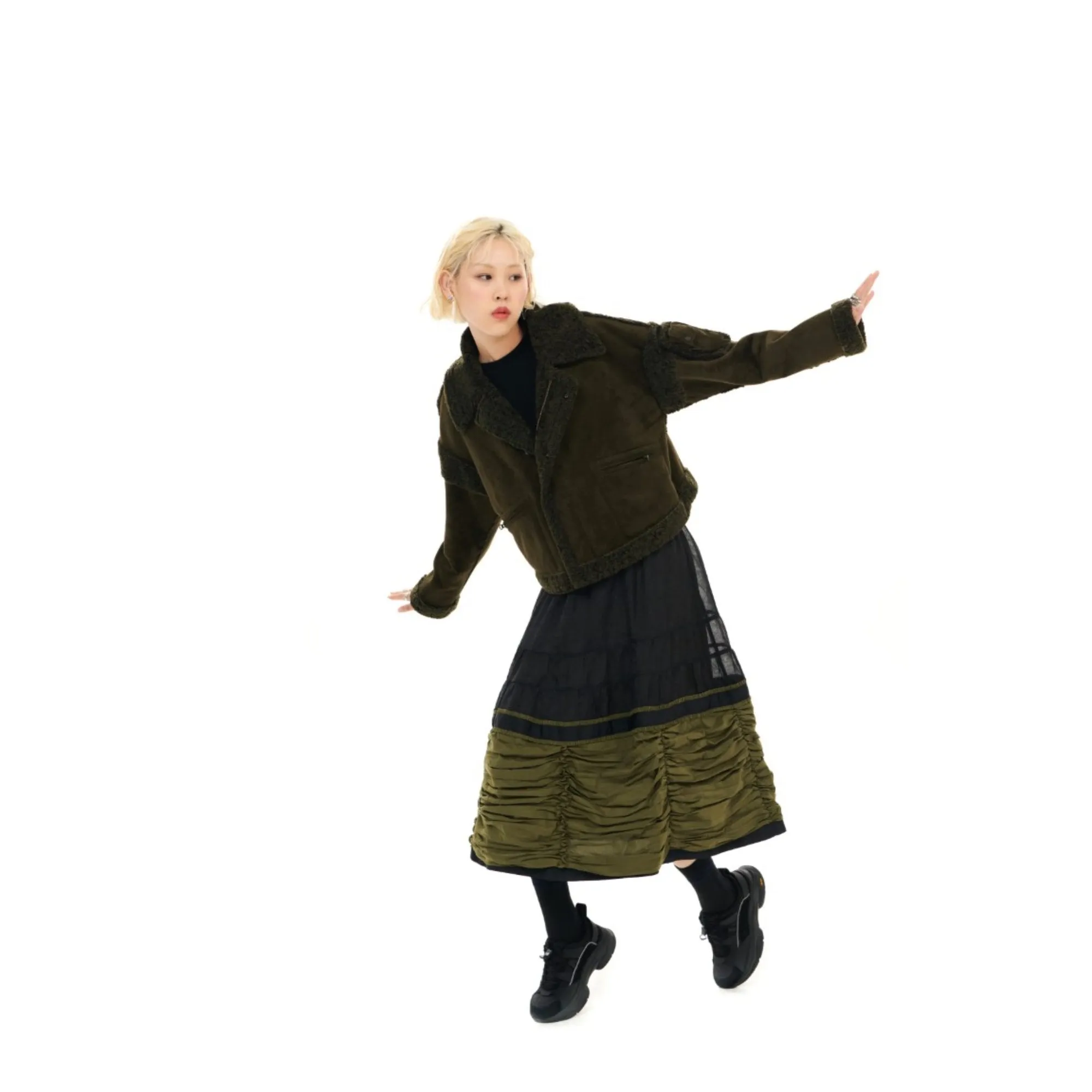 Women Shearling Pilot Jacket - Metallic Green