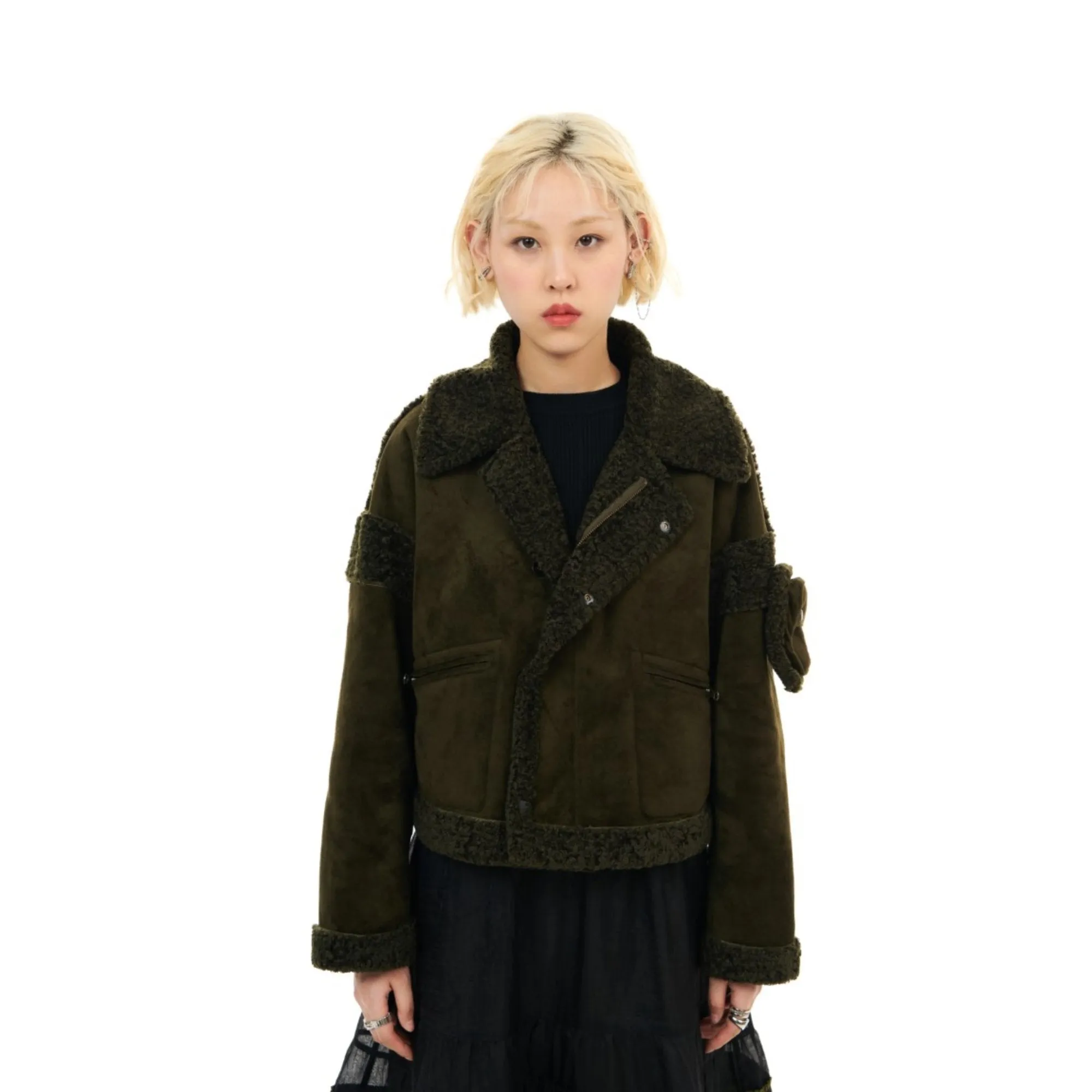 Women Shearling Pilot Jacket - Metallic Green