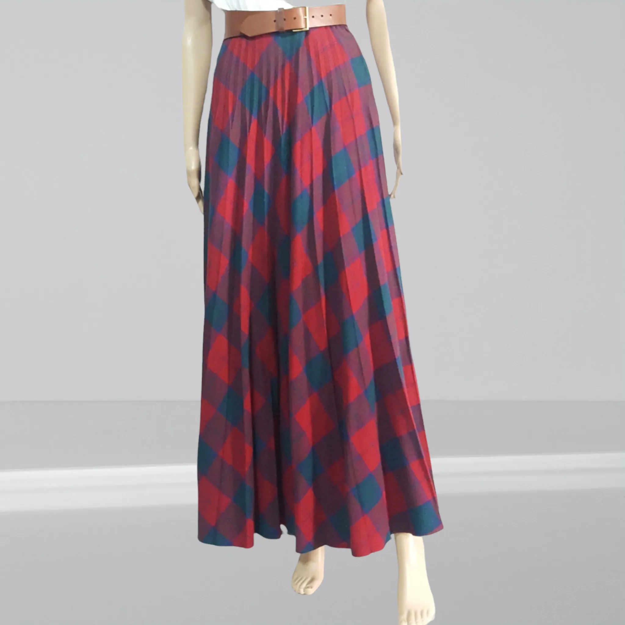 Wool 1970s Red Buffalo Plaid Maxi Skirt size S