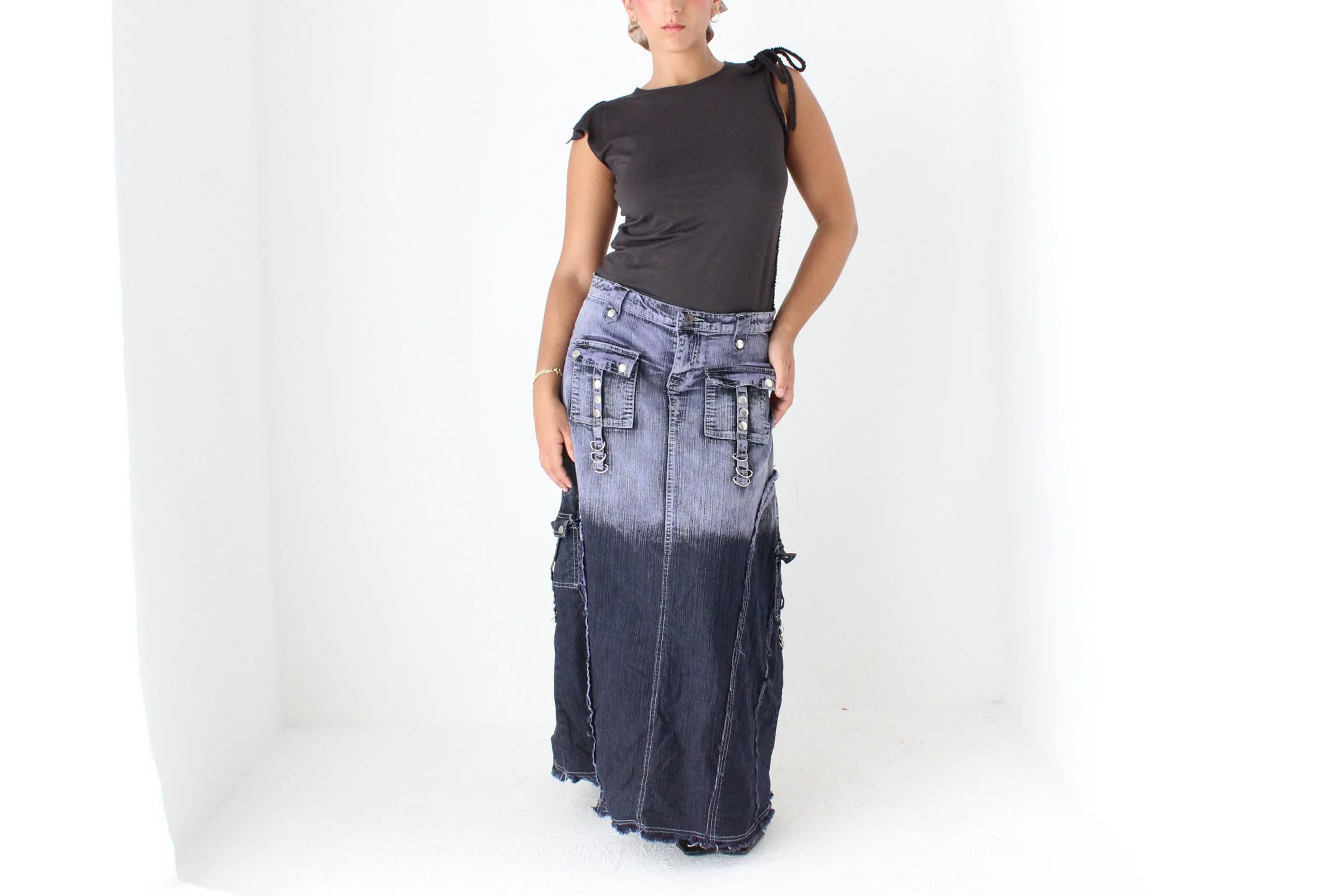 Y2K Maximalist German Techno Dip-Dye Denim Cargo Maxi Skirt